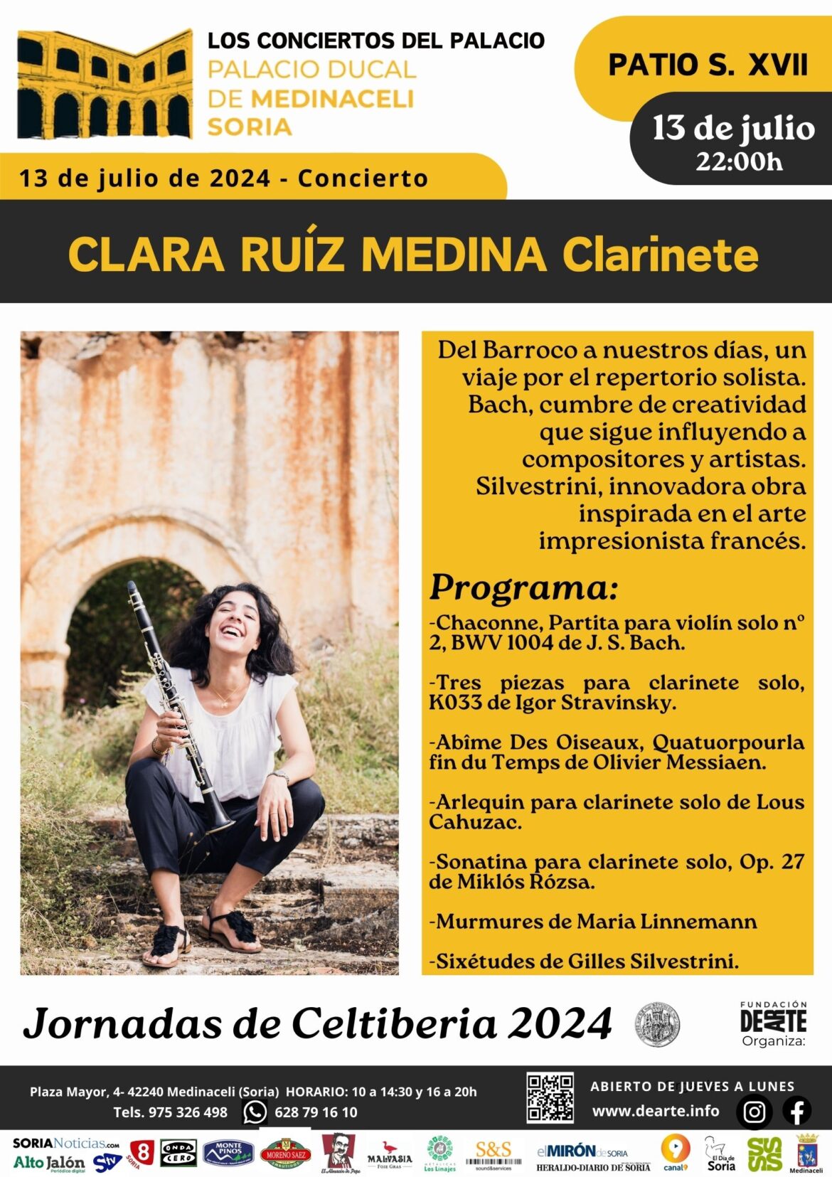 Concierto CLARA RUÍZ MEDINA, clarinete. Jornadas de Celtiberia 2024. 13 de julio, 22:00h. Palacio Ducal de Medinaceli.