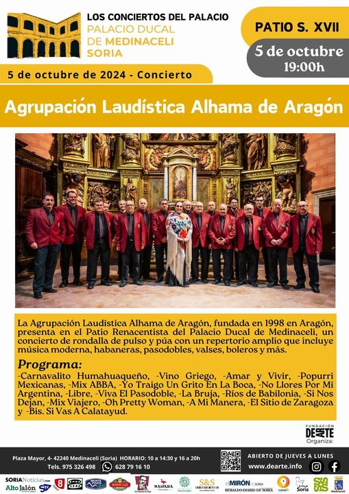 Concierto de la AGRUPACION LAUDÍSTICA ALHAMA DE ARAGÓN. Sábado 5 de octubre, 19:00h. en el Patio Renacentista del Palacio Ducal de Medinaceli