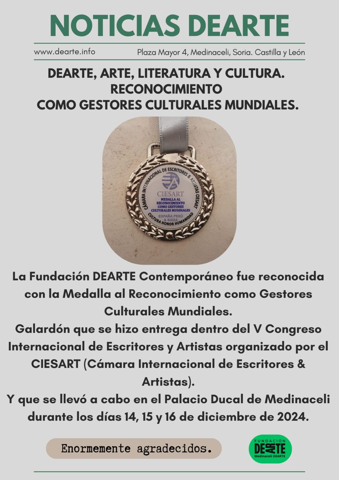 Medalla al Reconocimiento como Gestores Culturales Mundiales. De CIESART a DEARTE